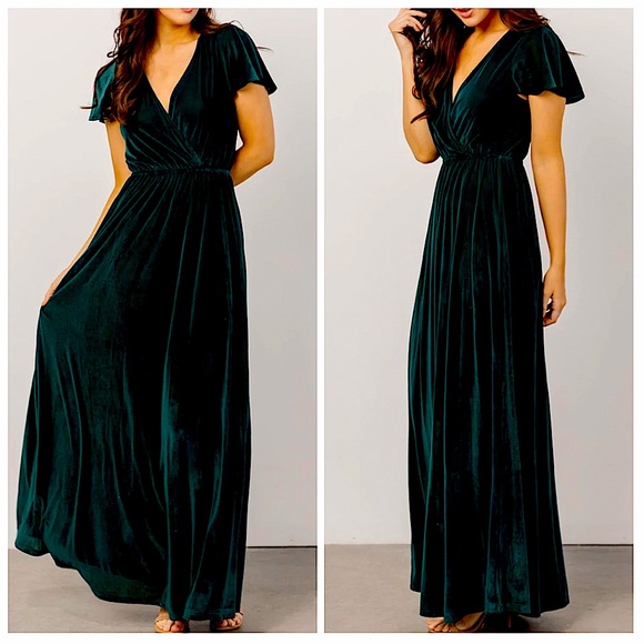 Emerald Green Velvet Flutter Sleeve Formal Maxi Dress - Picture 2 of 2